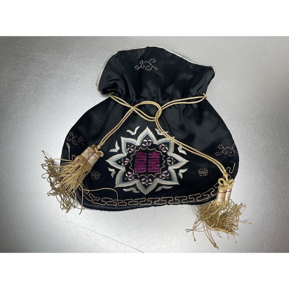 Vintage Antique Chinese Asian Black Silk Tassels Small Drawstring Handbag Bag